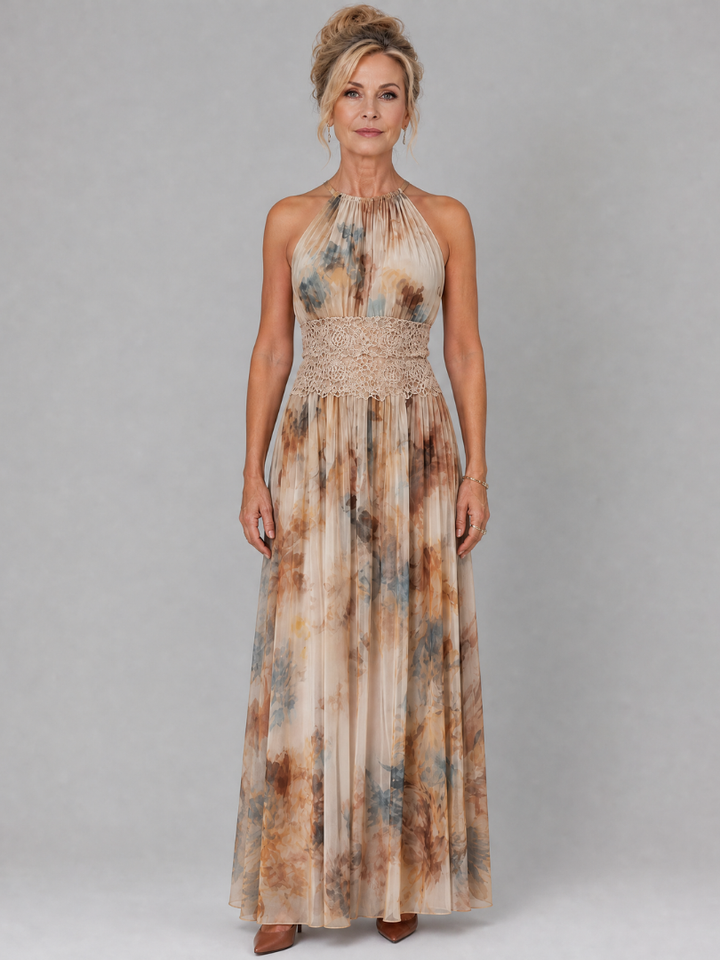 Elavenue | Vestido longo com decote halter e renda na cintura