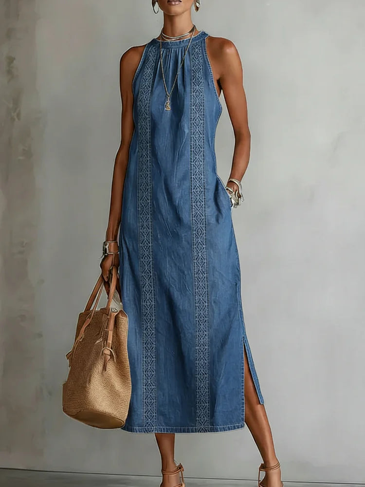 Julia™ | Vestido de denim com renda retrô