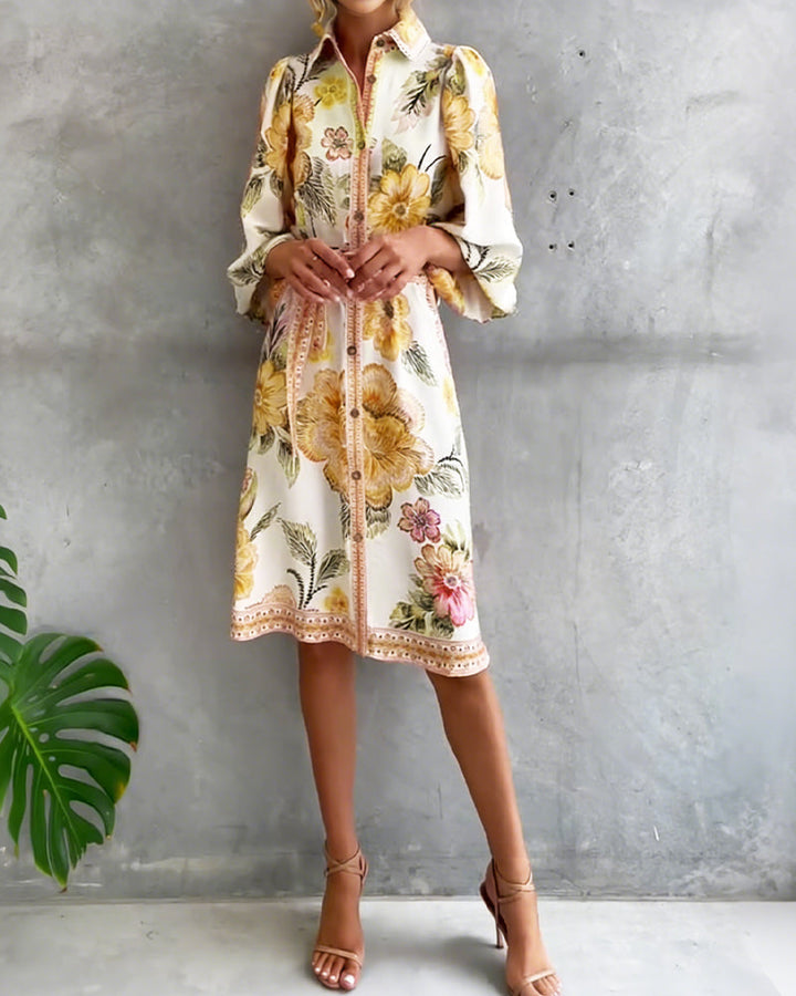 Inês | Vestido de Manga Lanterna com Gola Cranté Estampado
