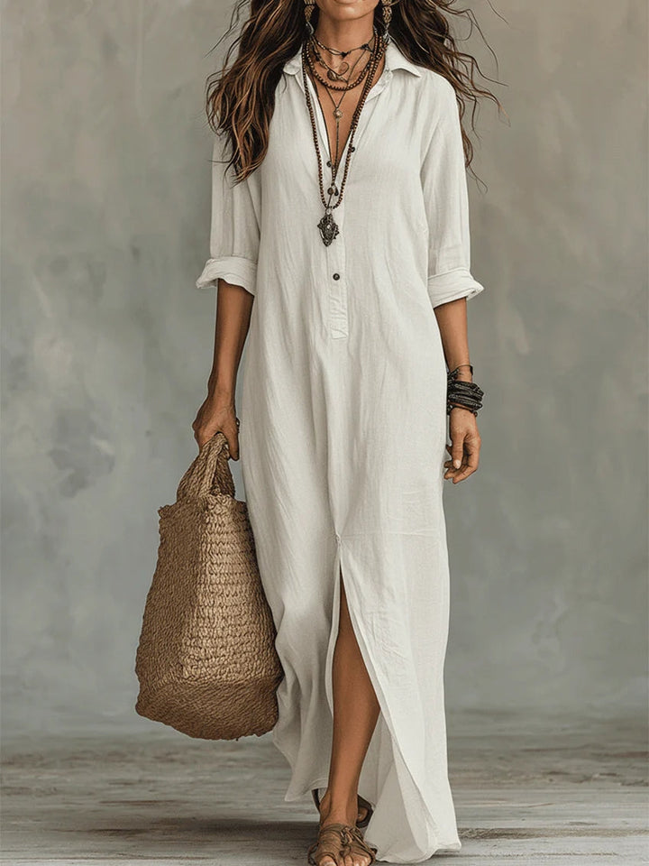 Celeste | Vestido maxi folgado com decote em V e botões