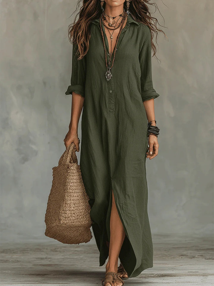 Celeste | Vestido maxi folgado com decote em V e botões