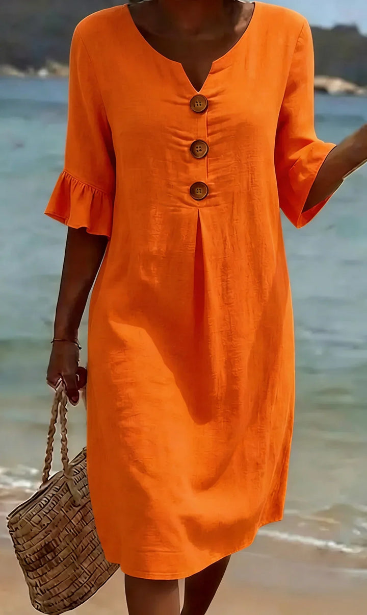 Vanesa  | Vestido com textura de linho com mangas bufantes e botões