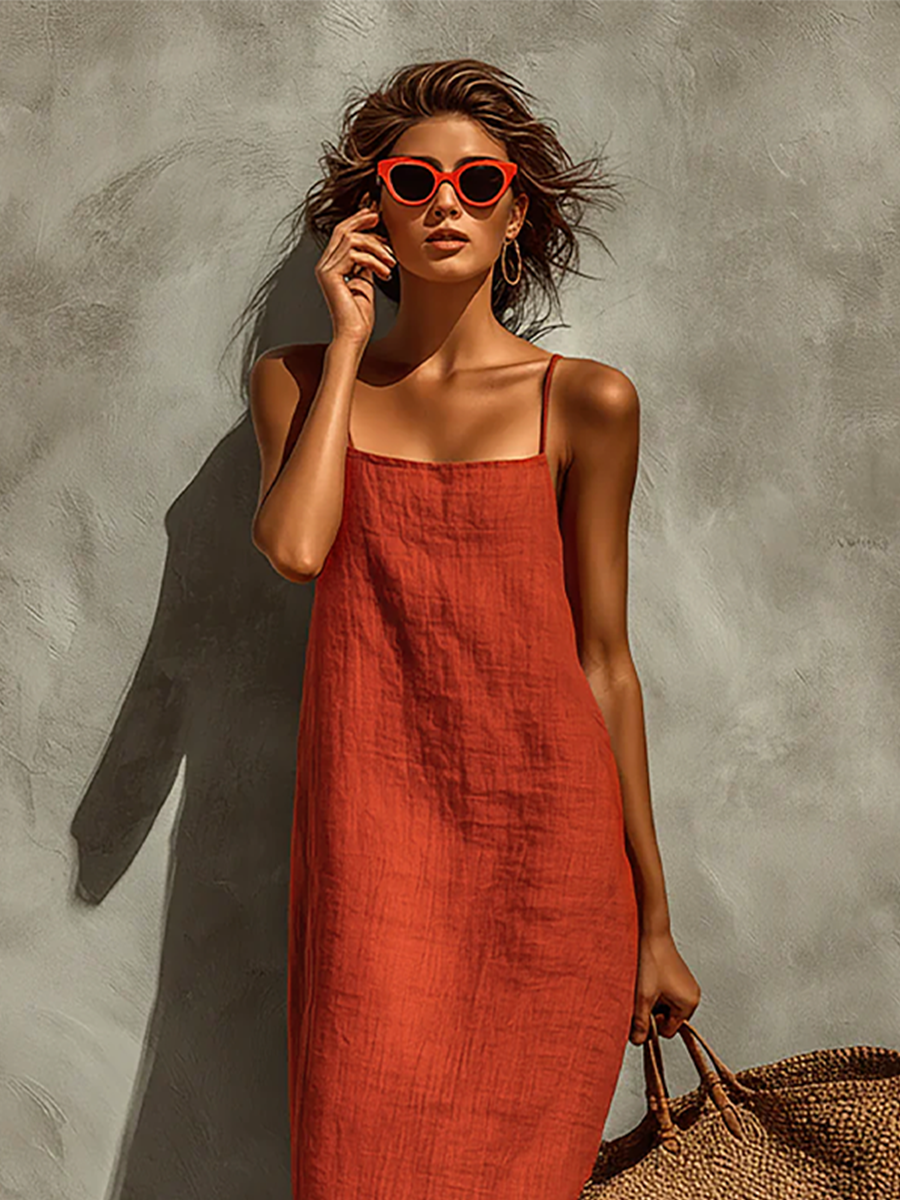 Vestido feminino vermelho de algodão com alças finas e decote quadrado