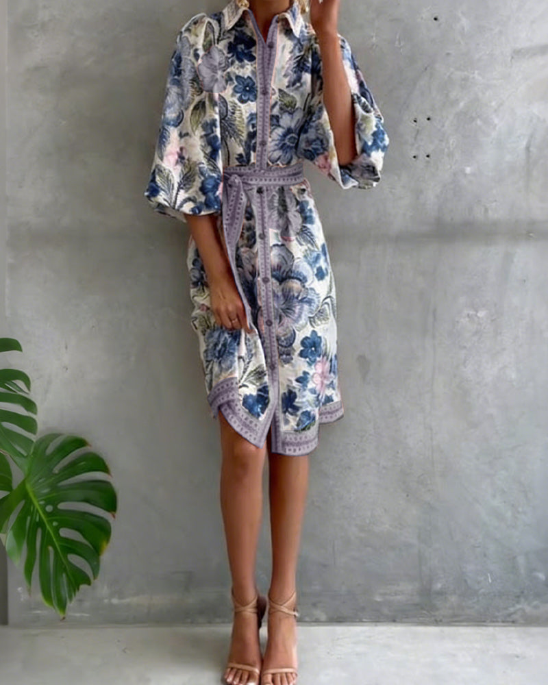 Inês | Vestido de Manga Lanterna com Gola Cranté Estampado