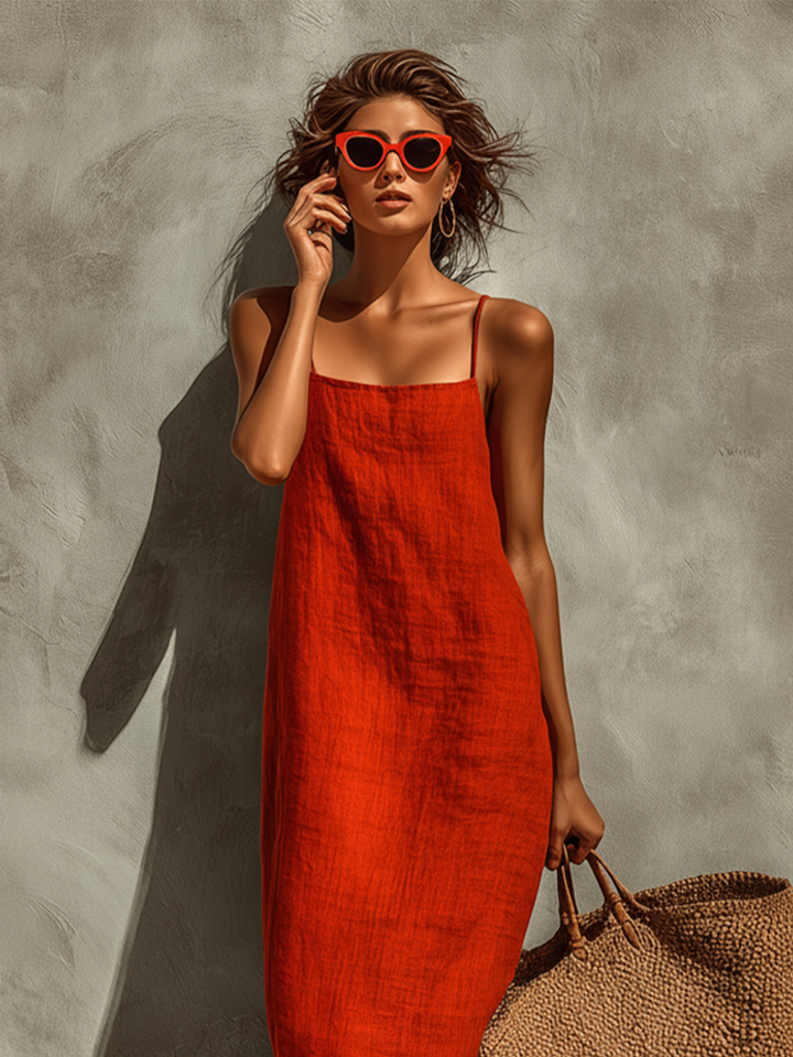 Bruna | Vestido de algodão vermelho para mulher com alças finas e decote quadrado