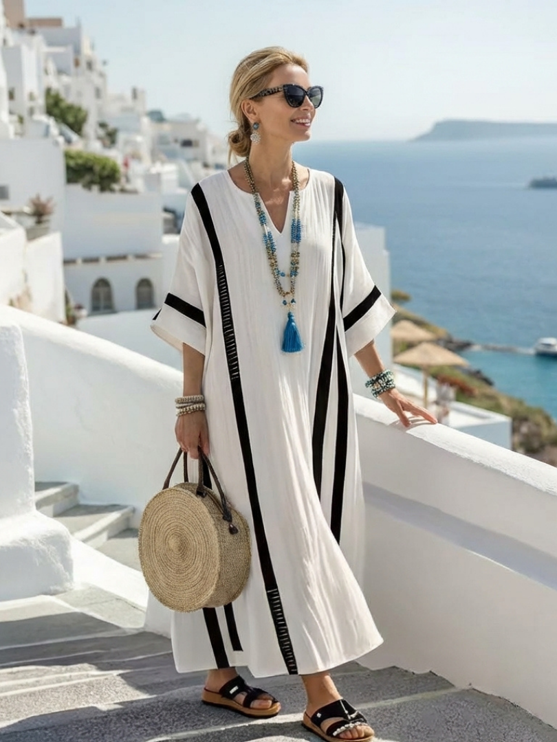 Elisa | Vestido Maxi Listrado em Bloco de Cores com Manga Curta
