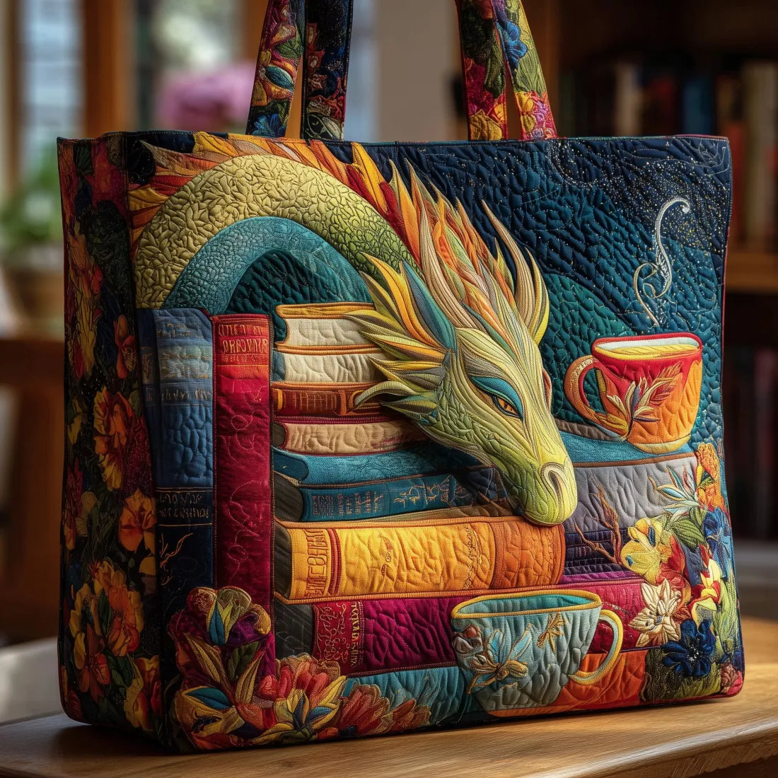 Saco Artesanal - Dragão Leitor de Livros e Canecas