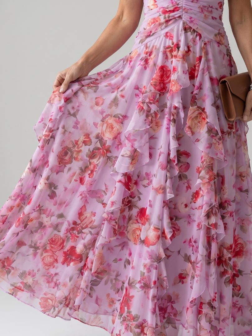 Nori | Vestido longo floral com decote halterneck e corpete franzido