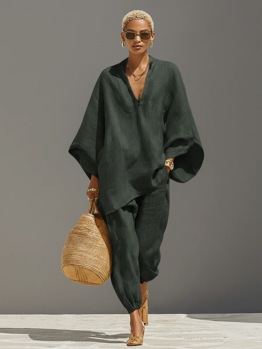 Conjunto feminino de linho neutro com bainha assimétrica e design minimalista, estilo sofisticado