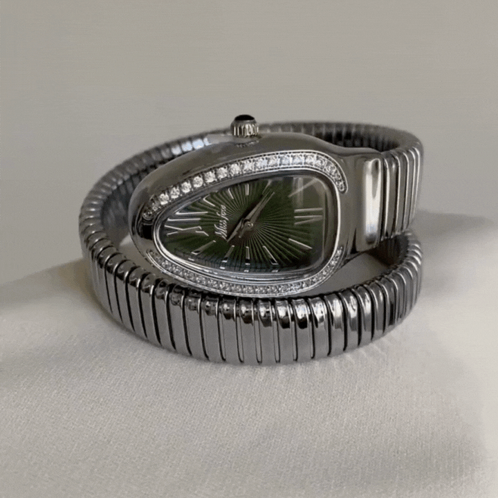 Relógio Serpente Verde – Pulseira Elástica Prateada e Verde em Forma de Serpente