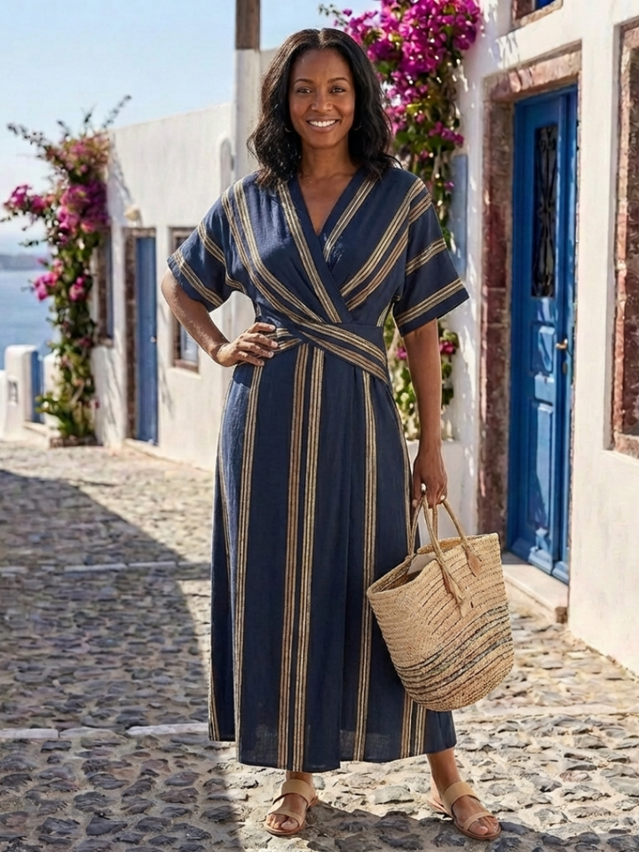Lia | Vestido Midi Envelope Listrado com Decote em V e Manga Curta