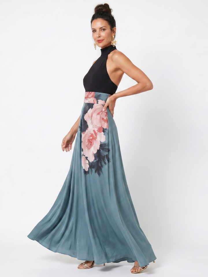 Olympas | Vestido maxi com decote halter e saia floral