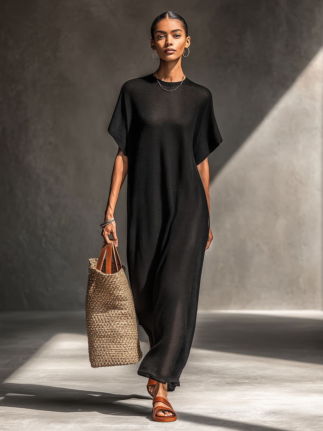 Vestido maxi de malha transparente com mangas curtas