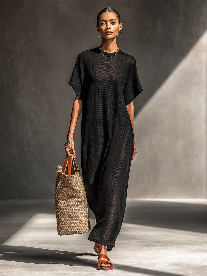 Vestido maxi de malha transparente com mangas curtas