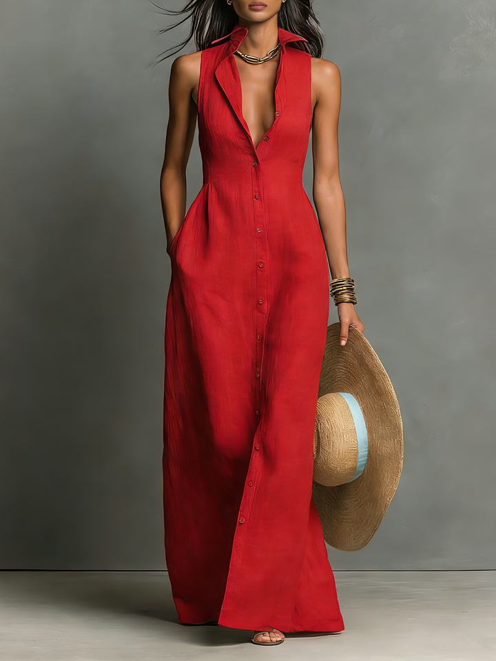 Marta | Vestido chemise maxi feminino de linho misto minimalista