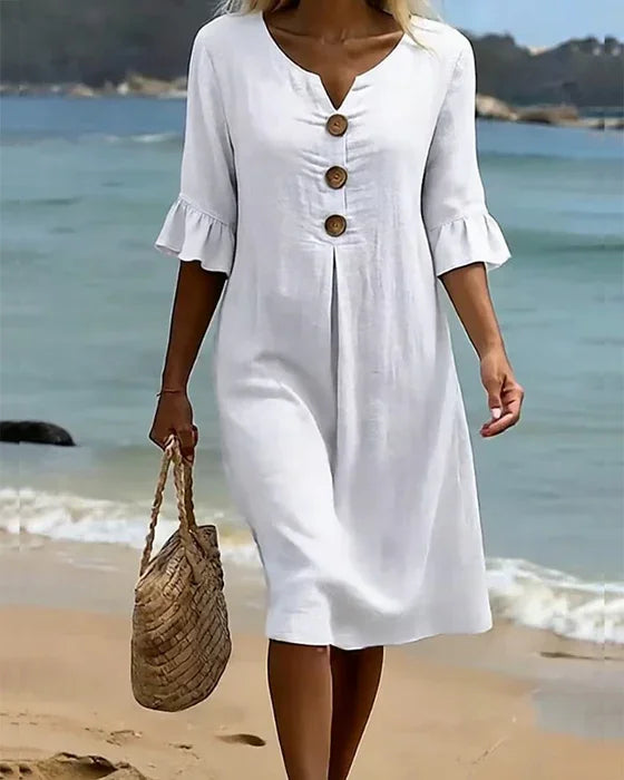 Vanesa  | Vestido com textura de linho com mangas bufantes e botões