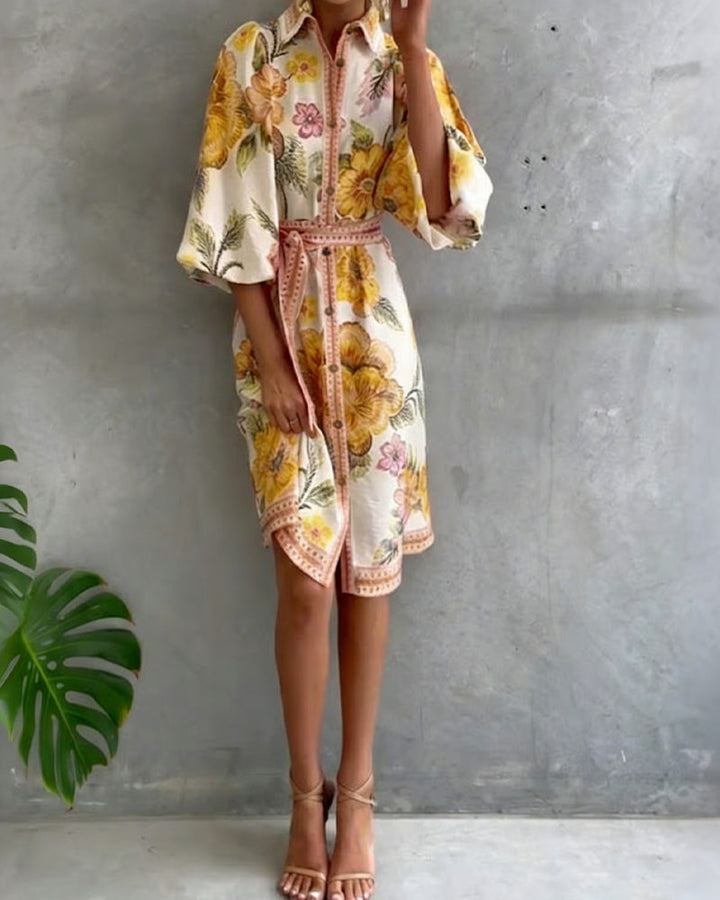 Inês | Vestido de Manga Lanterna com Gola Cranté Estampado