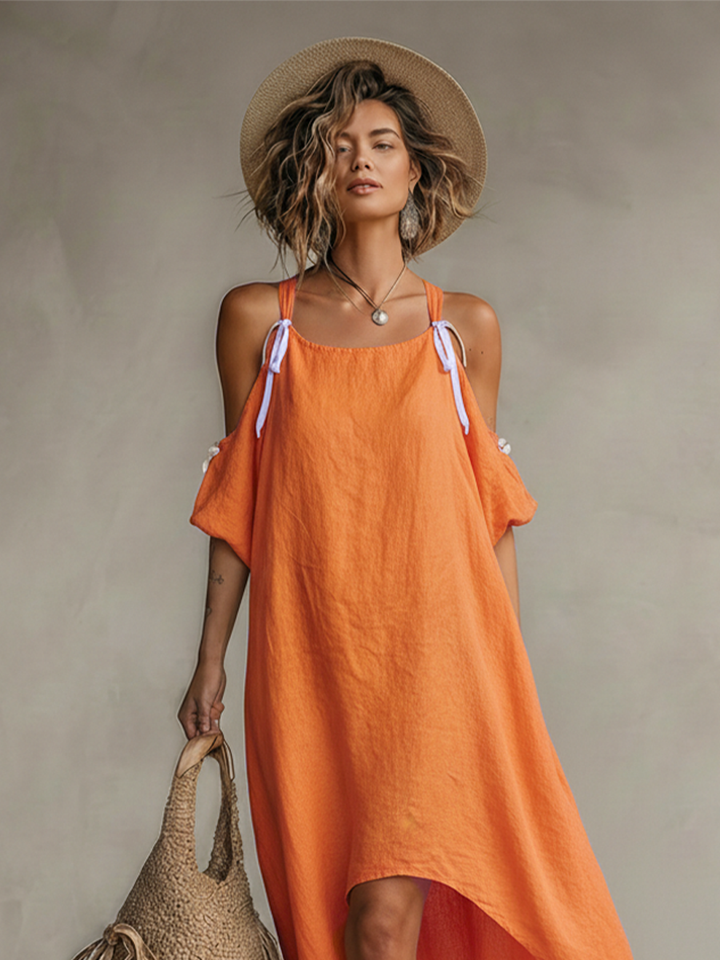 Vestido feminino de linho tangerina com ombro descoberto e bainha assimétrica estilo boho-resort