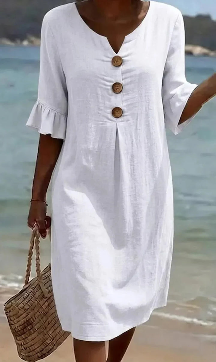 Vanesa  | Vestido com textura de linho com mangas bufantes e botões