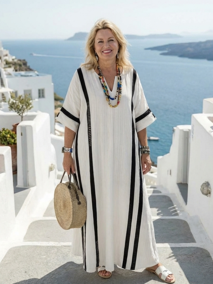 Elisa | Vestido Maxi Listrado em Bloco de Cores com Manga Curta
