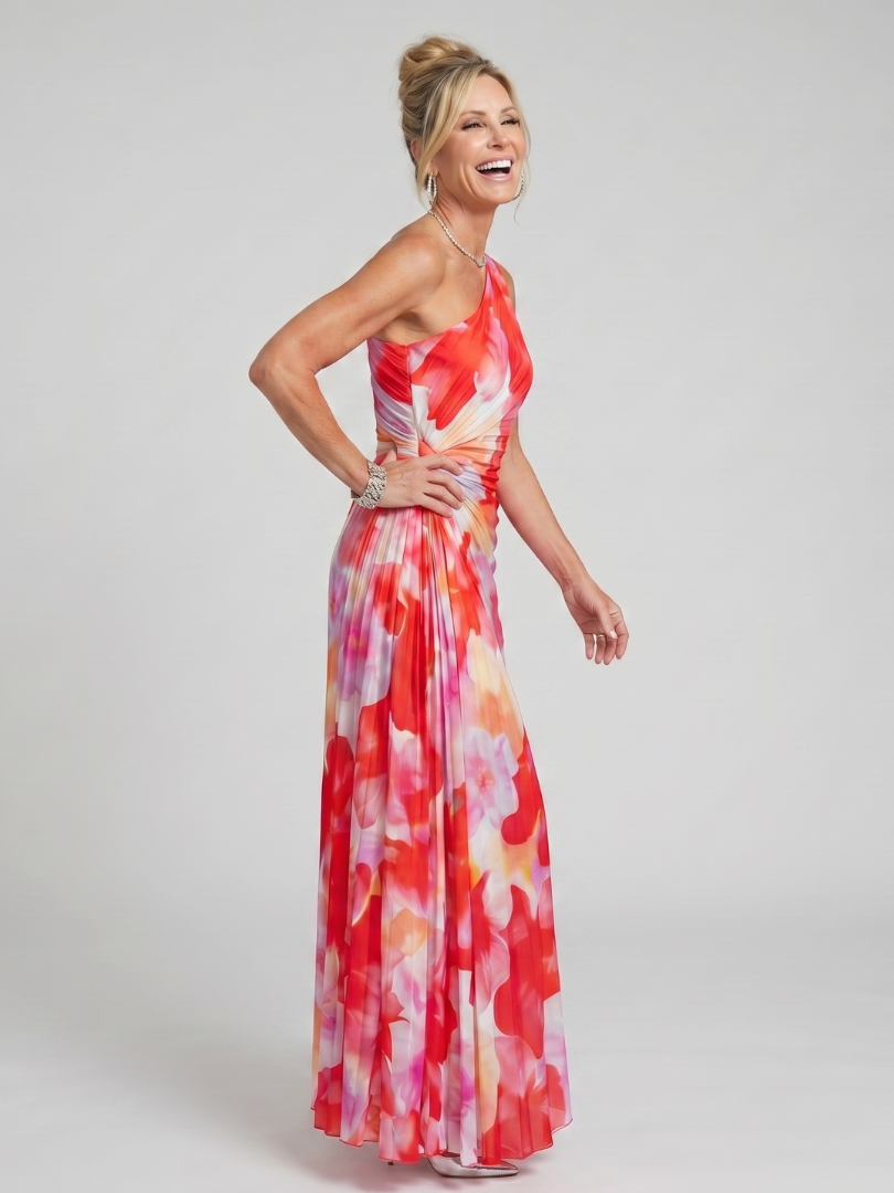 Taya | Vestido midi com ombro único e corpete plissado