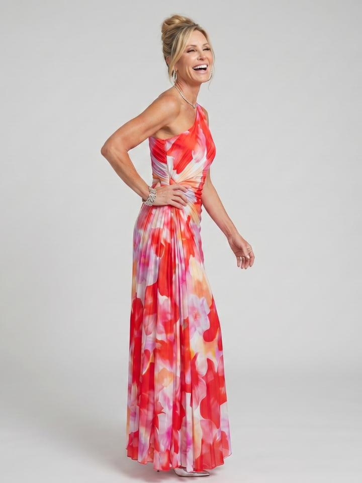 Taya | Vestido midi com ombro único e corpete plissado