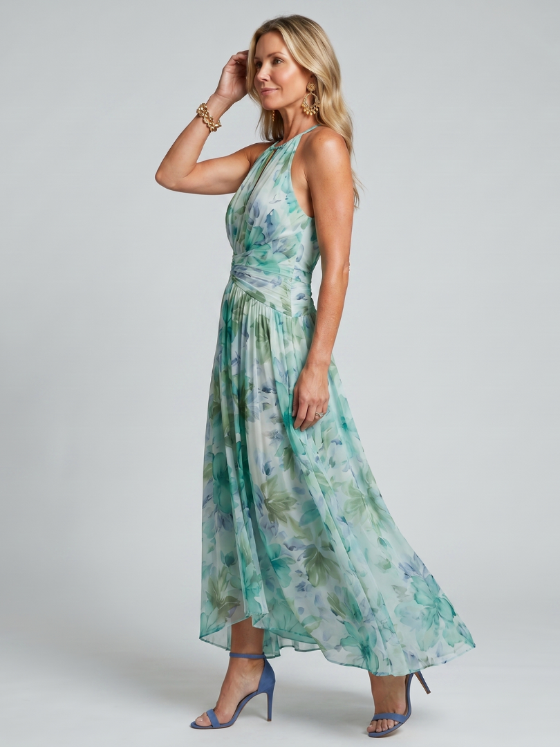Portia | Vestido midi plissado com decote halter e estampa floral suave