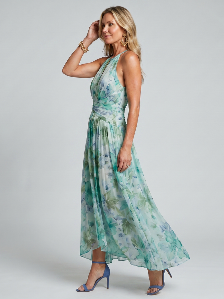 Portia | Vestido midi plissado com decote halter e estampa floral suave