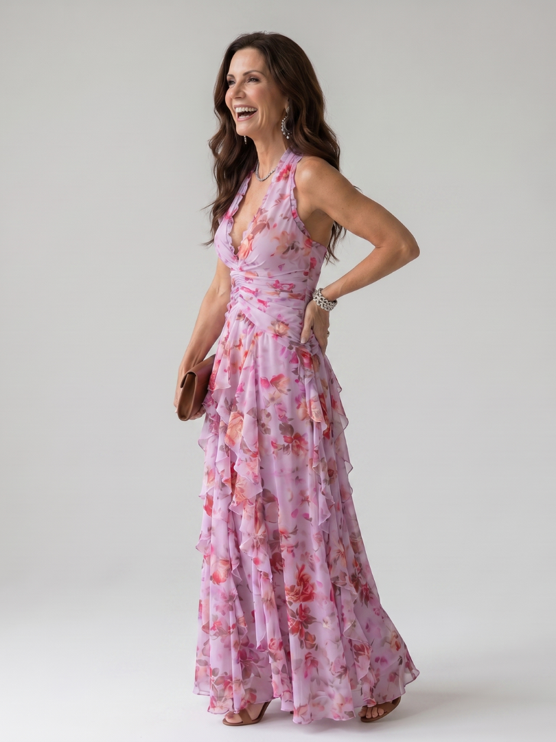 Nori | Vestido longo floral com decote halterneck e corpete franzido