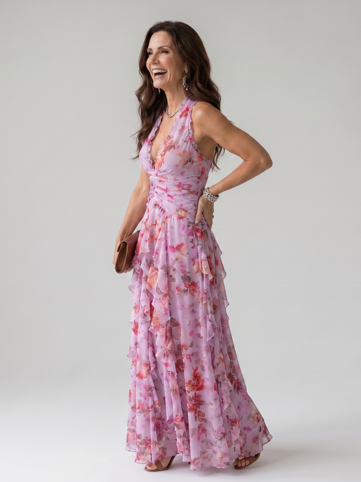 Nori | Vestido longo floral com decote halterneck e corpete franzido