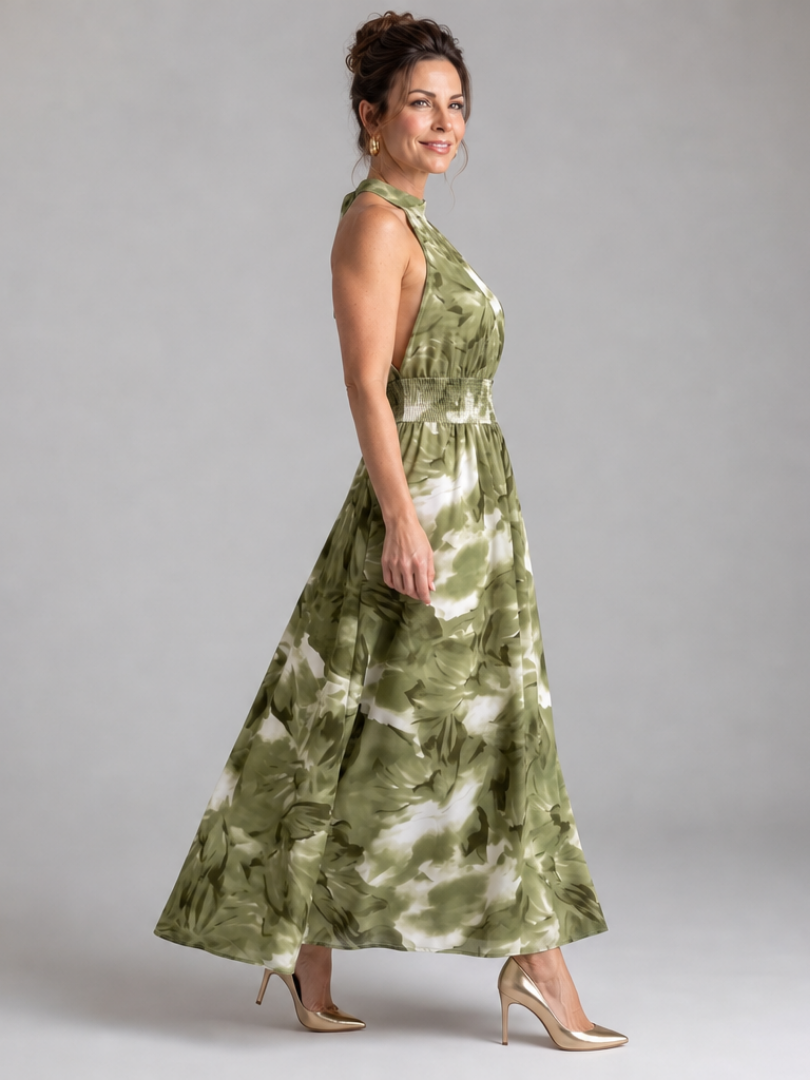 Olivia | Vestido midi de estampa abstrata com cintura franzida