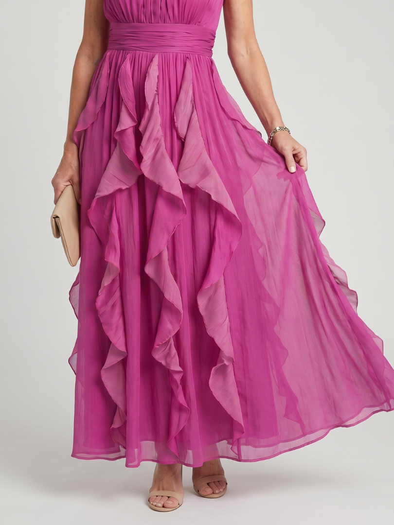 Orea | Vestido maxi com gola alta e camadas de babados franzidos