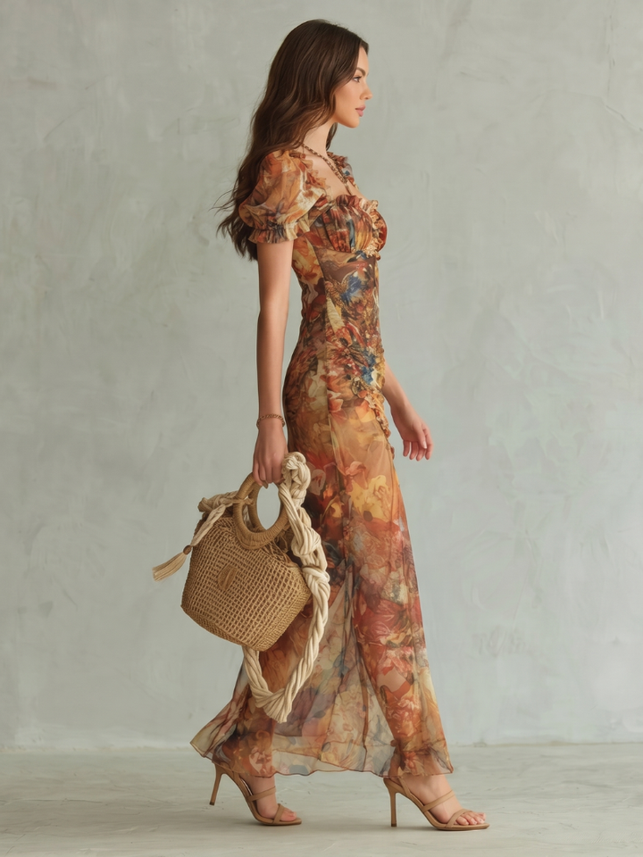 Ciel | Vestido Midi com Manga Folhada e Fenda Franzida