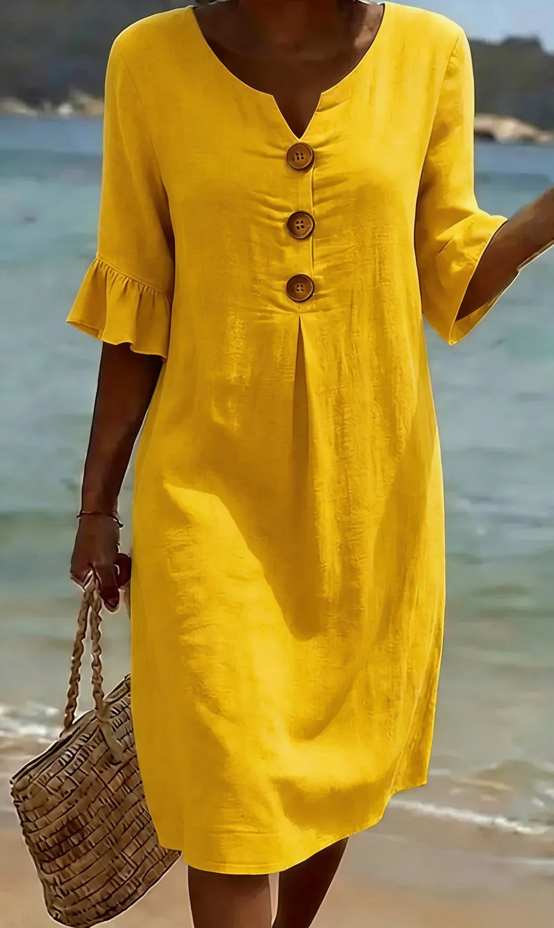 Vanesa  | Vestido com textura de linho com mangas bufantes e botões