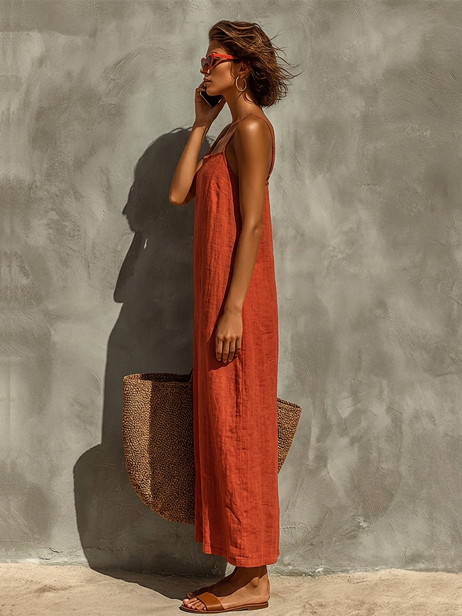 Vestido feminino vermelho de algodão com alças finas e decote quadrado