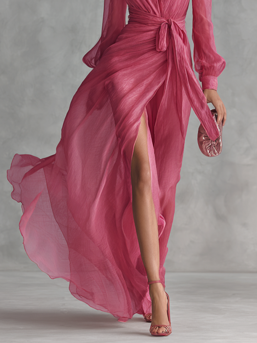 Emília | Vestido longo elegante de chiffon rosa pérola com decote em V