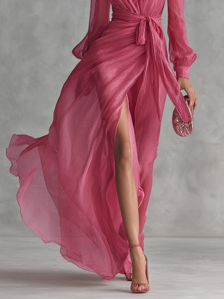 Emília | Vestido longo elegante de chiffon rosa pérola com decote em V