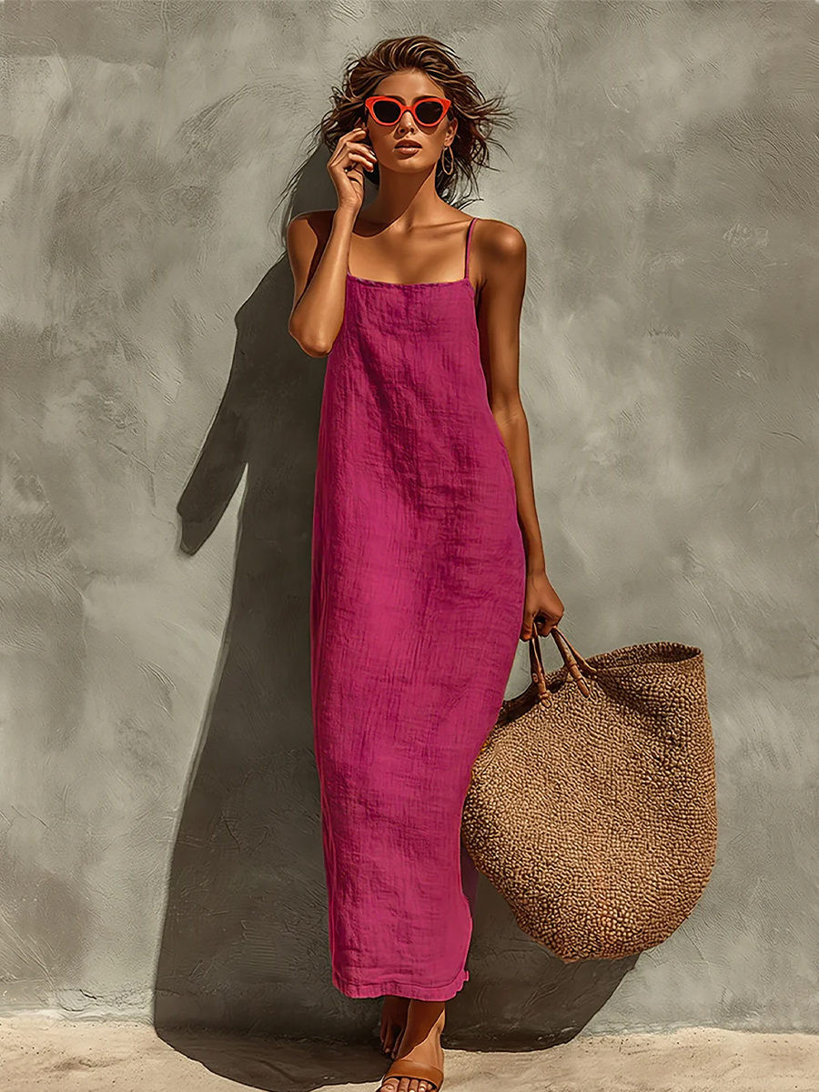 Vestido feminino vermelho de algodão com alças finas e decote quadrado