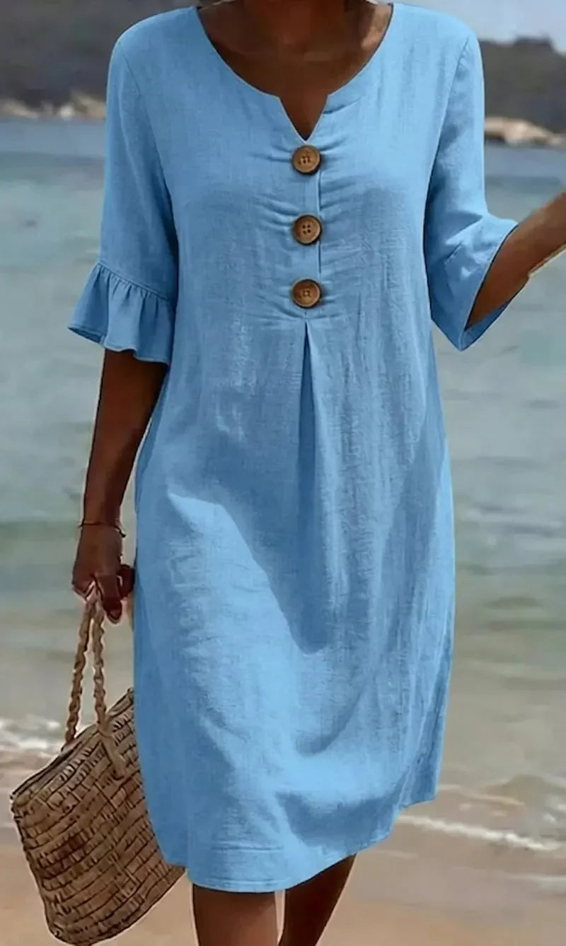 Vanesa  | Vestido com textura de linho com mangas bufantes e botões