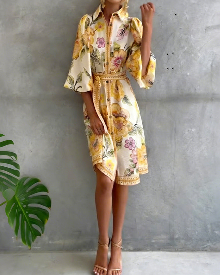 Inês | Vestido de Manga Lanterna com Gola Cranté Estampado