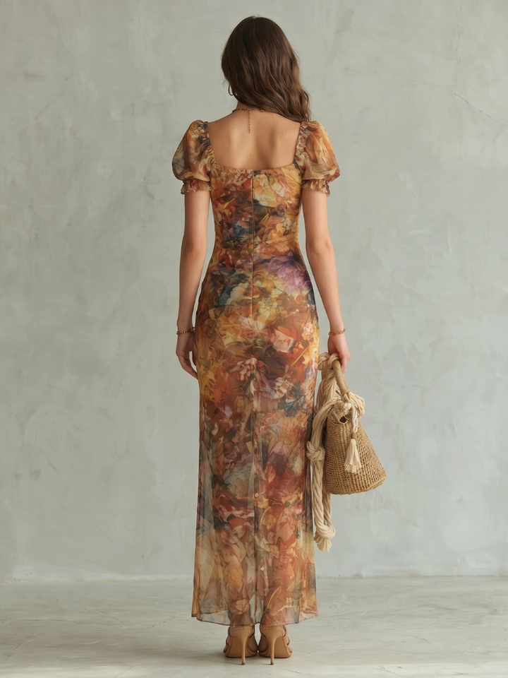 Ciel | Vestido Midi com Manga Folhada e Fenda Franzida