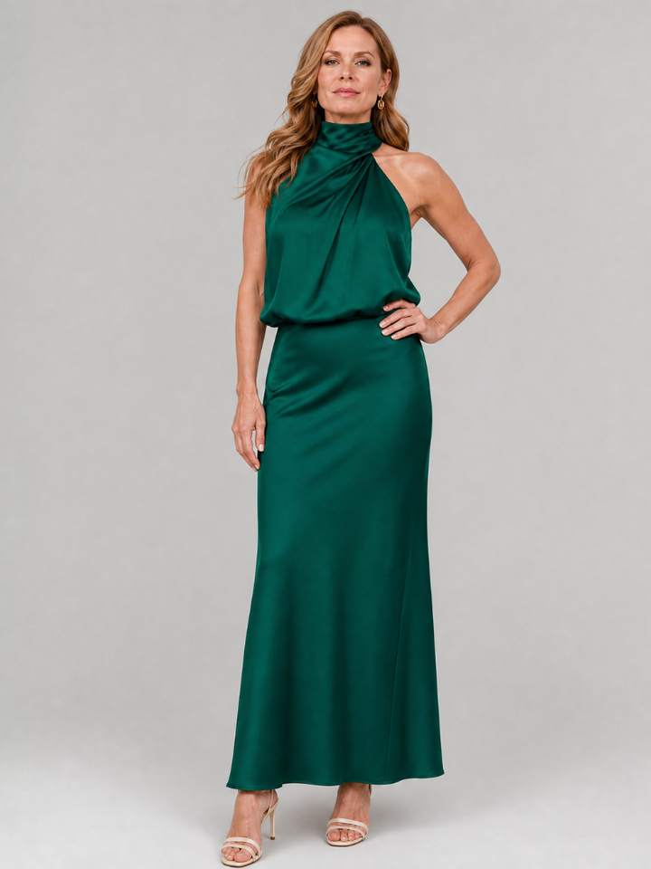 Nopal | Vestido midi sem alças com decote drapeado