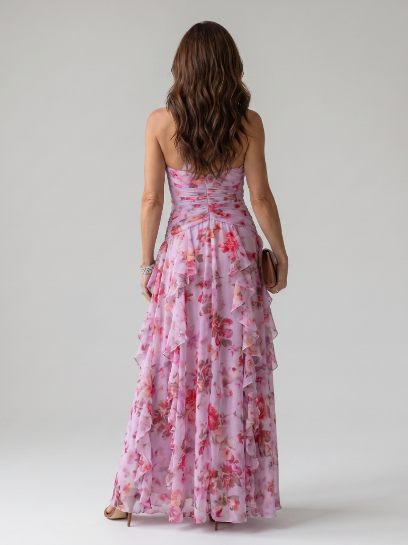 Nori | Vestido longo floral com decote halterneck e corpo franzido