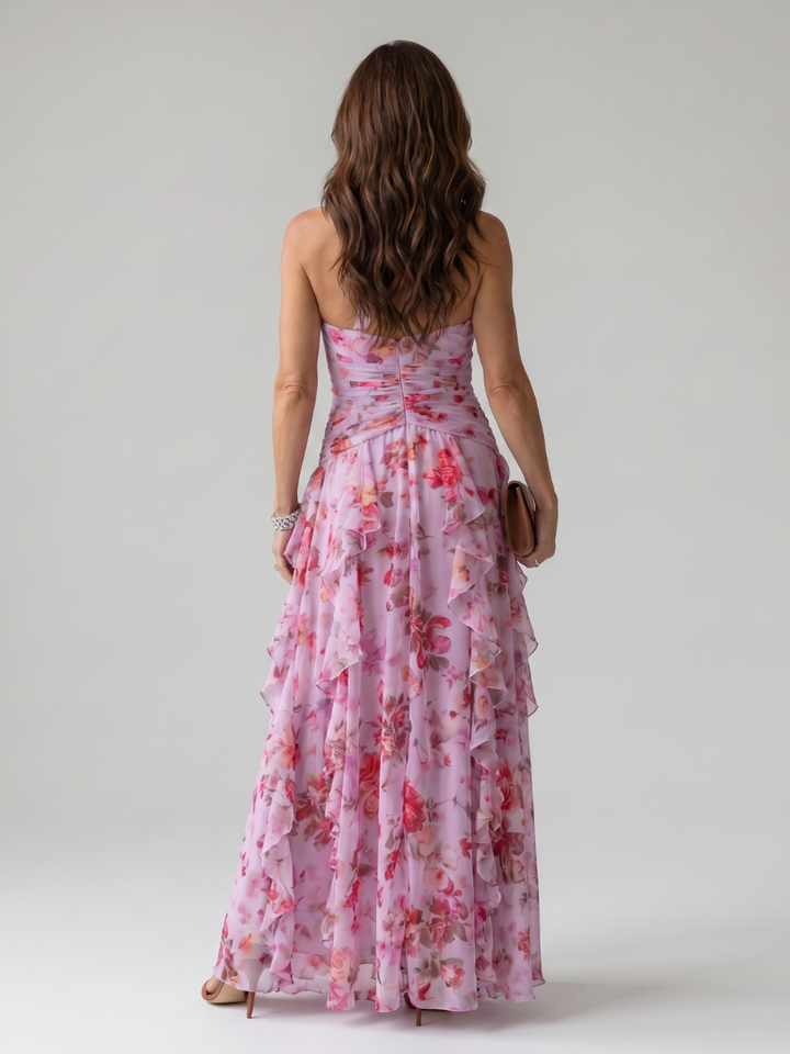 Nori | Vestido longo floral com decote halterneck e corpo franzido