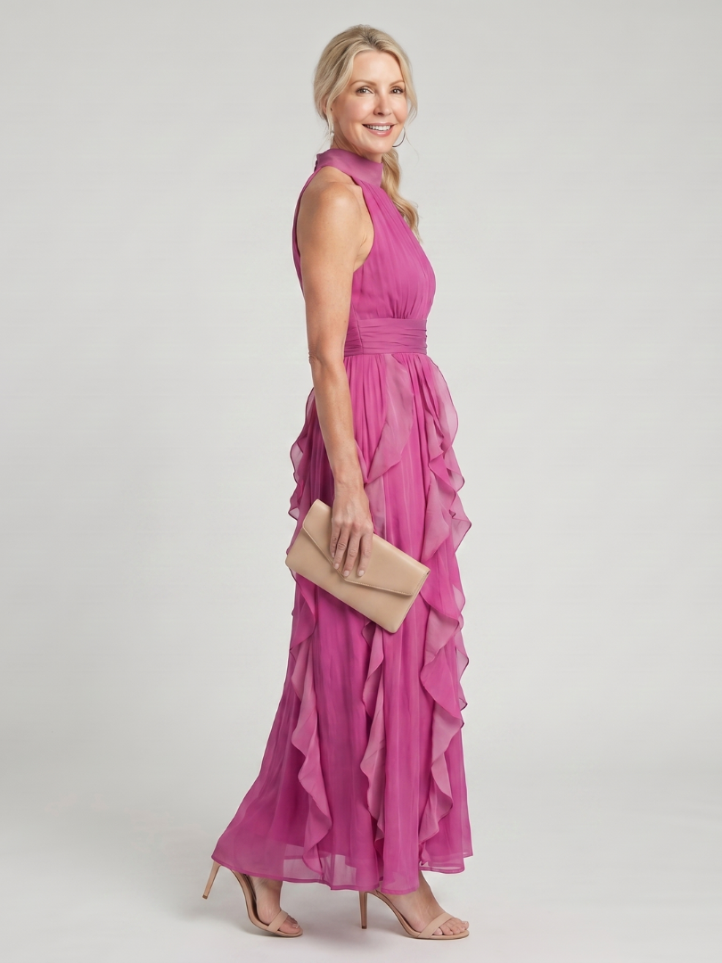 Orea | Vestido maxi com gola alta e camadas de babados franzidos