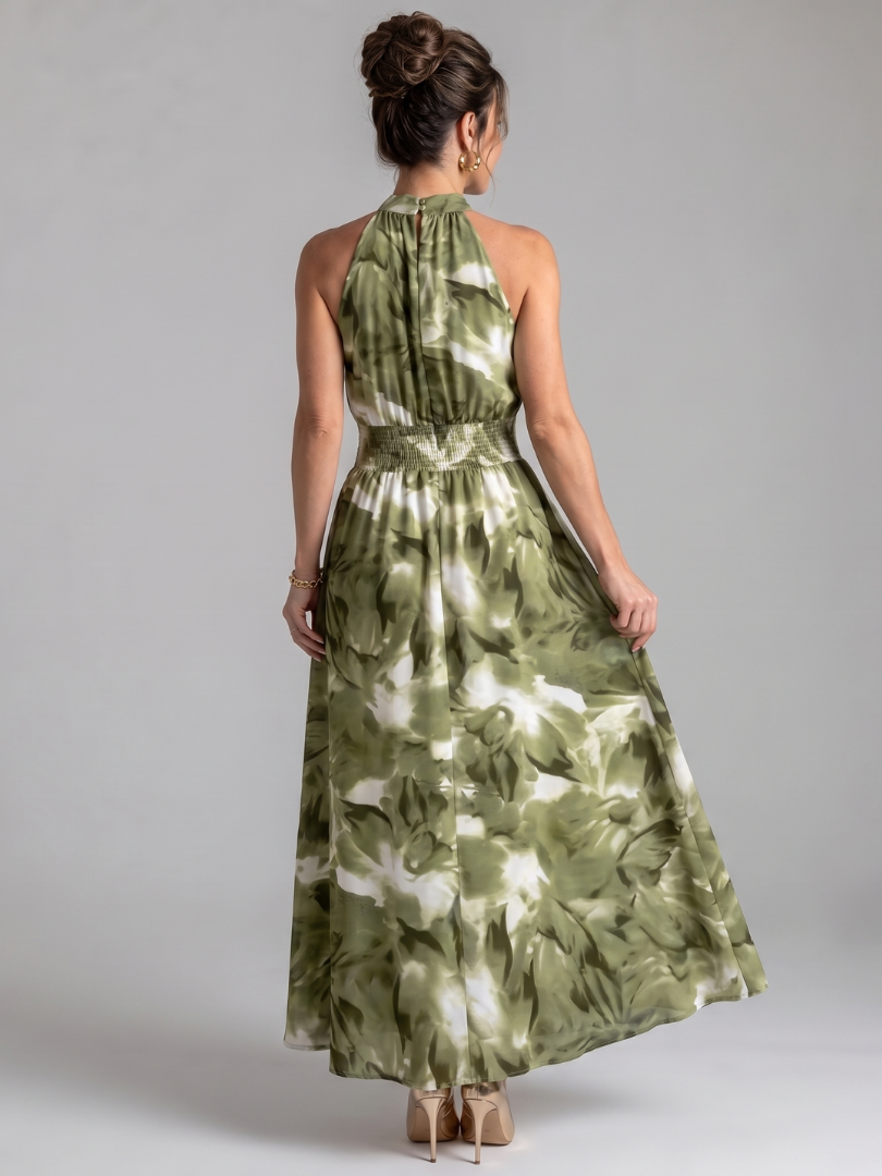 Olivia | Vestido midi de estampa abstrata com cintura franzida