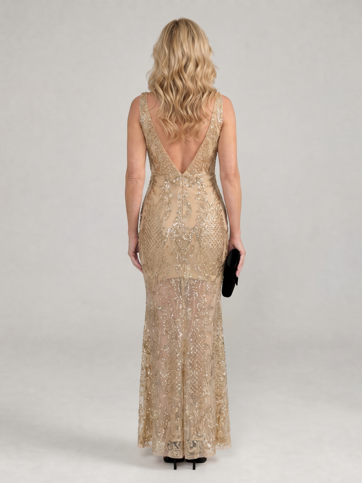 Sirea | Vestido midi de paetês sem mangas com painel transparente