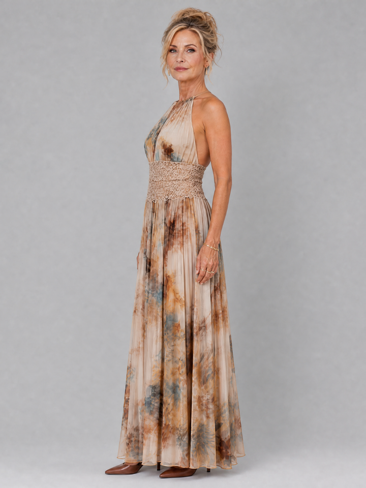 Elavenue | Vestido longo com decote halter e renda na cintura