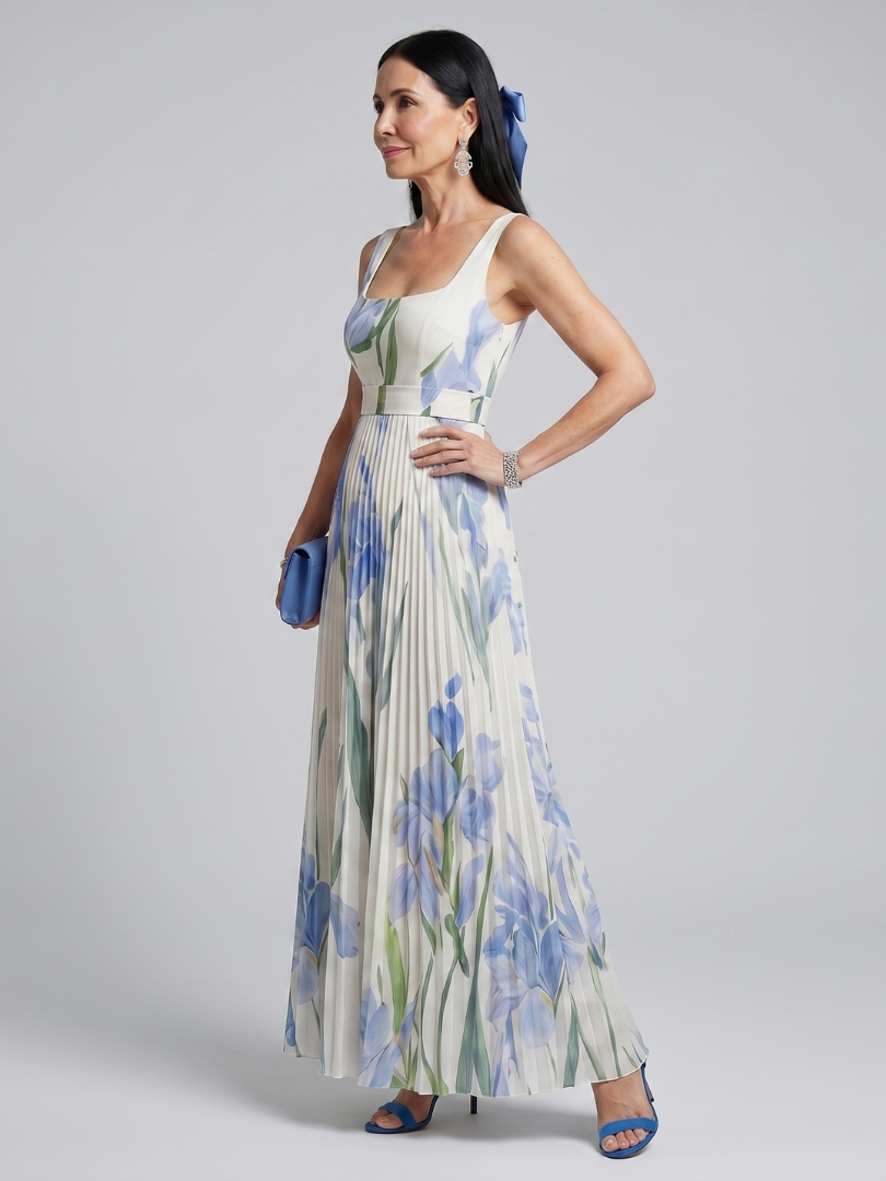 Ophelia | Vestido midi sem alças com decote quadrado e estampa floral