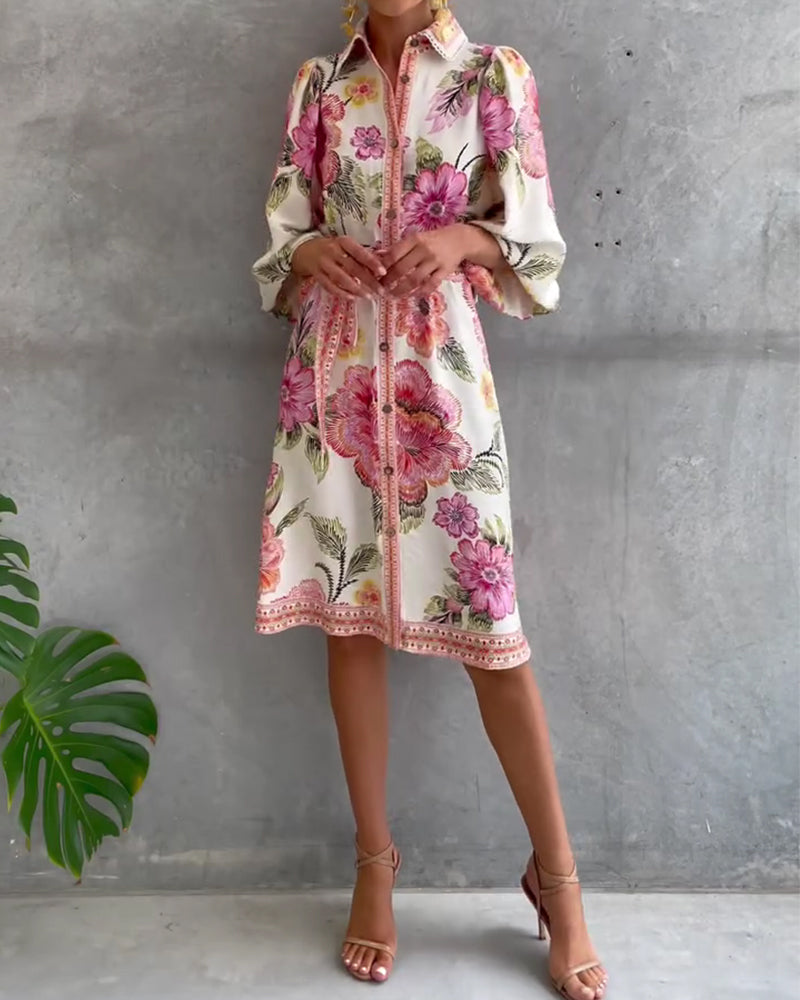 Inês | Vestido de Manga Lanterna com Gola Cranté Estampado